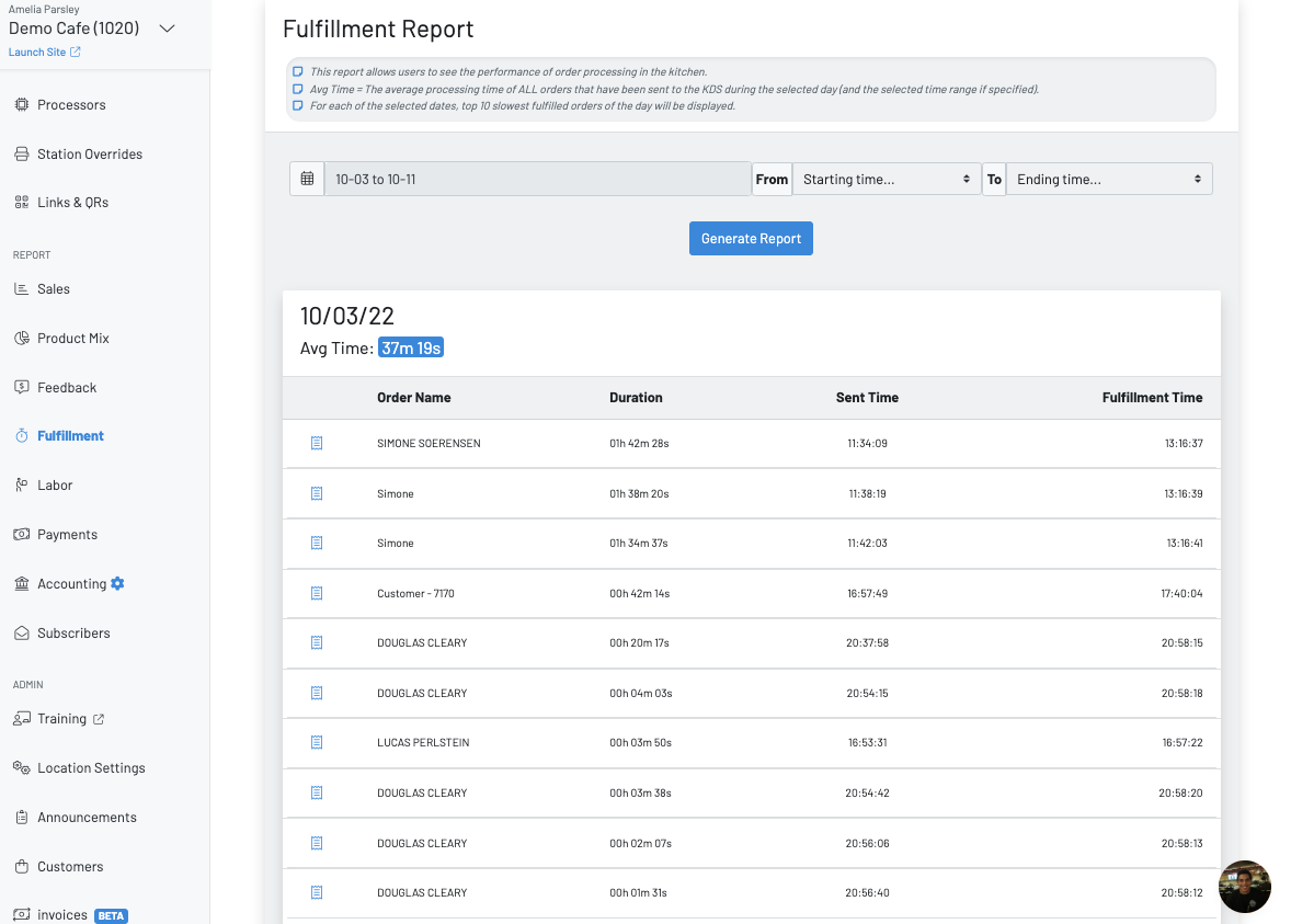 Reports KDS Fulfillment Report